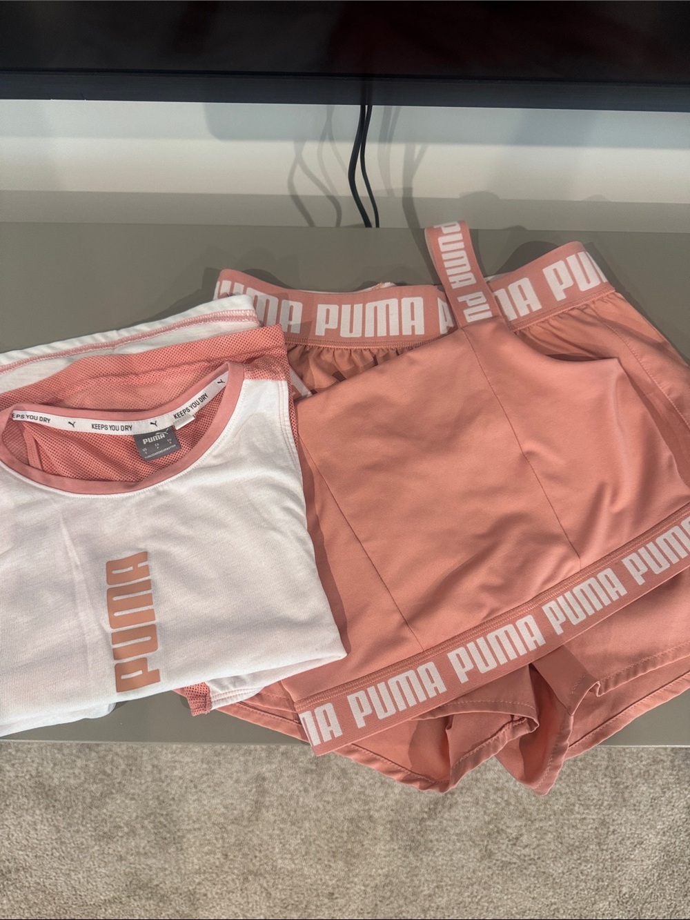 Puma Coral Pink Sports Bra, Shorts & White Mesh Tank Set